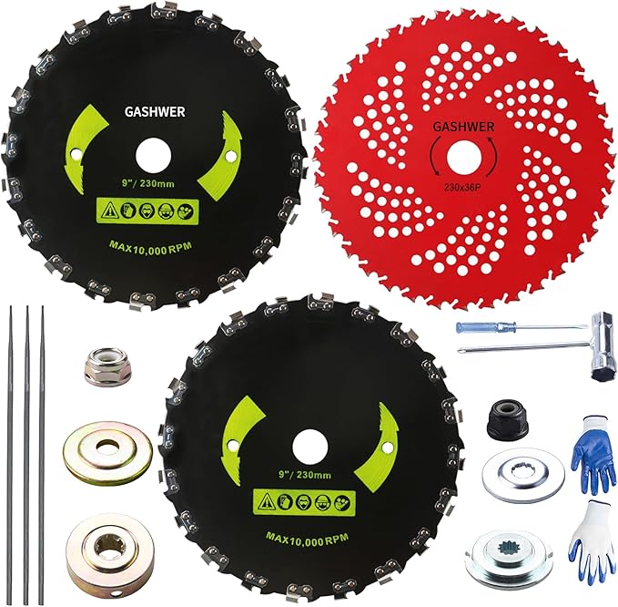9"x20 Teeth Steel Round Brush Blades Carbon Chainsaw 9"x36T Cutter Weed Eater Blades - Universal Adapter Kit with 3 Round Files Compatible with Brush Cutter, Trimmer, Weed Eater, Stihl, Husqvarna, Ego