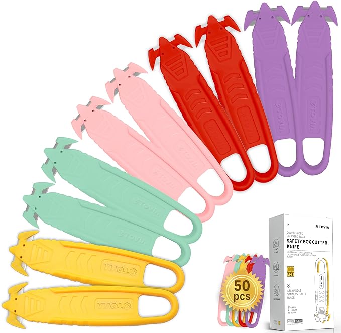 50Pcs T TOVIA Safety Box Cutter Knife of Recessed Concealed Stainless Steel Blade, Package Opener Plastic Cutter for Box, Carton, Shrink Wrap, Plastic Straps, 5Color.
