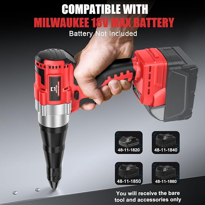 Cerycose Cordless Rivet Gun Kit Compatible with Milwaukee 18V Brushless Electric Riveters Gun Tool with 3-Size Steel Rivets(1/8"-5/32"-3/16") LED Light & Nose Piece (Bare Only)