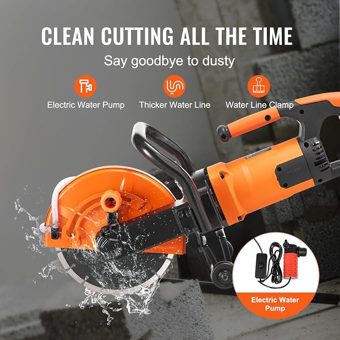 VEVOR Electric Concrete Cutter, 9 in Circular Saw with 3.5 in Cutting Depth, Wet/Dry Disk Cutter Includes Water Line, Pump and Blade, for Stone, Brick, Porcelain, Concrete, 1800W Motor