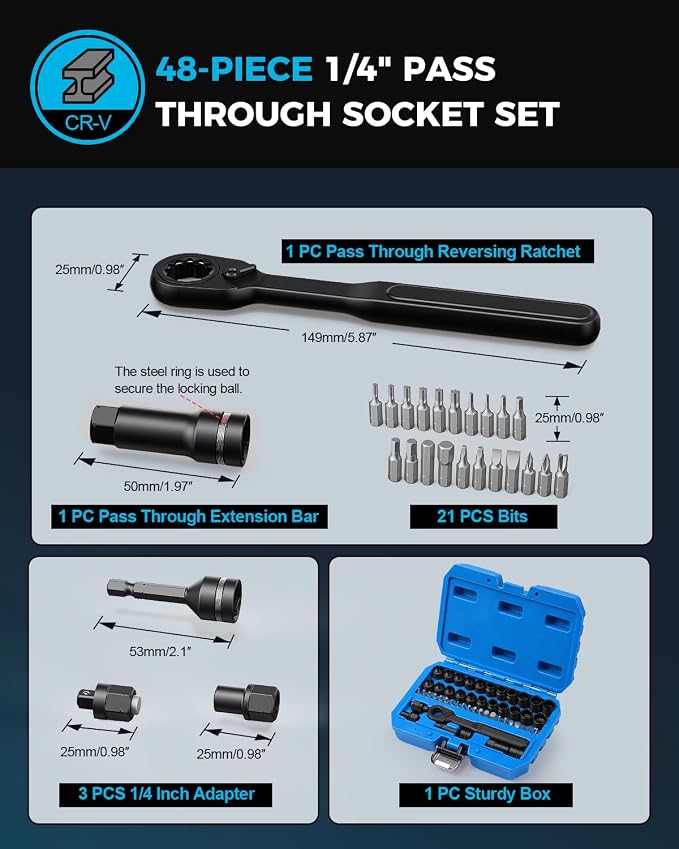 48 Pcs 1/4" Pass-Through Socket Set, SAE/Metric Go-Thru Ratchet Kit | Hollow SAE/metric mini sockets clear long threaded rods; include a 72-tooth ratchet, extension bar, 21 bits and 1/4" adapters