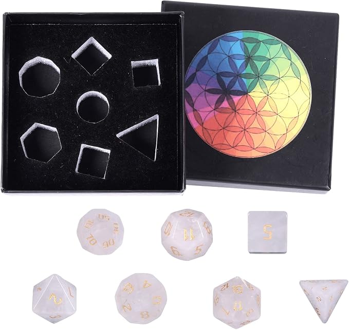 mookaitedecor 7 PCS Rock Quartz Crystal Polyhedral DND Dice Set, Polished Tumbled Stones Dices for RPG MTG Table Games Home Decoration