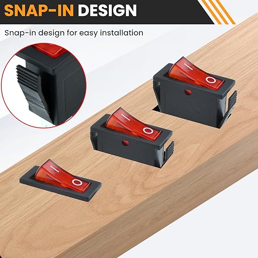 2 Pin 2 Position Boat Shaped Rocker Switch, KCD3-101 ON/Off Snap in Toggle Switch, AC 250V/15A 125V/20A Red Rocker Switch Toggle for Car Auto Boat Household Appliances (Red 6 Pack)