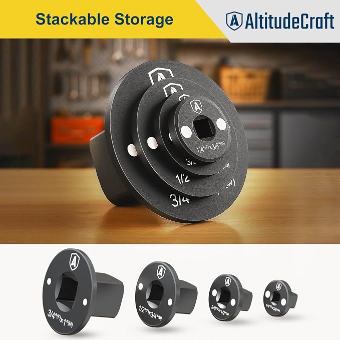 Low Profile Impact Socket Adapter Set for Tight Spaces | Four Drive Conversions Keep the Ratchet Close to the Fastener: 1/4″ to 3/8″, 3/8″ to 1/2″, 1/2″ to 3/4″, 3/4″ to 1″