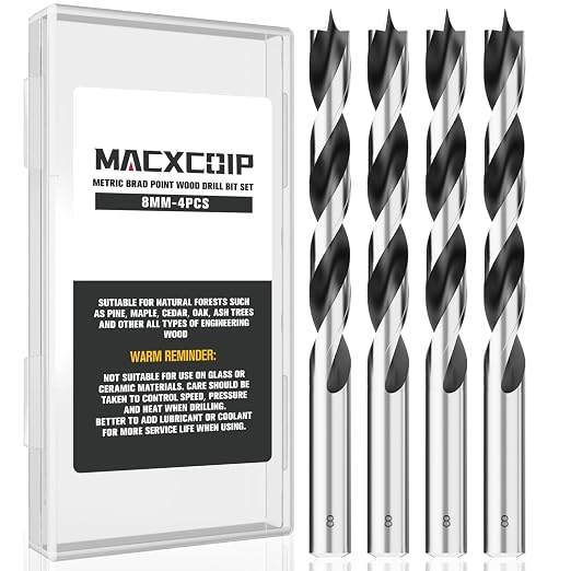Brad Point Wood Drill Bit Set, 4Pcs 8MM Metric Drill Bit Set with Double Flutes Design for Carpenter Woodworking and All Types of Wood