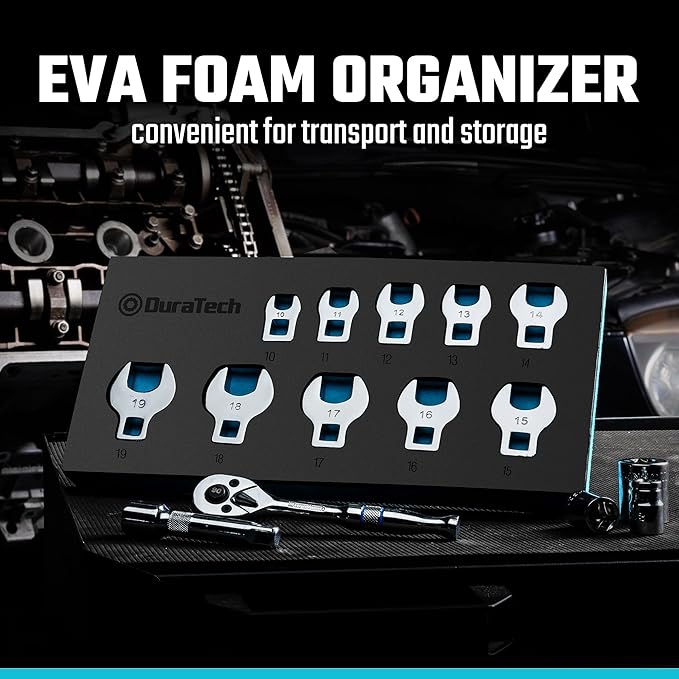 DURATECH 10-Piece 3/8" Drive Crowfoot Wrench Set, Open End Wrench Set, Metric, 10-19mm, CR-V Steel, with EVA Foam Tool Organizer