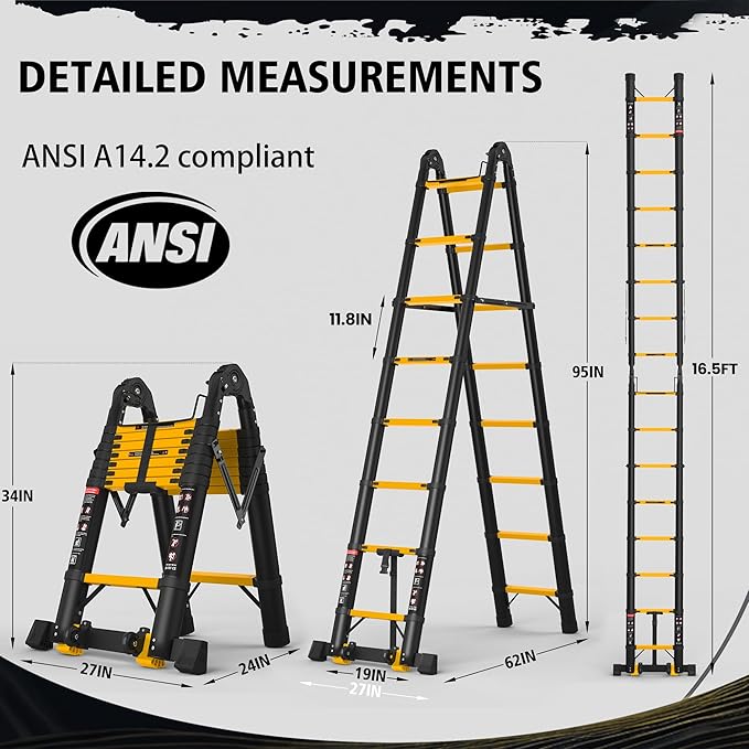 SINMEIRUN Telescoping Ladder, 16.5 FT, A Frame, Aluminum Extension Ladder, 330 lbs Capacity, Collapsible Multi-Purpose Ladder for Home, Roof and RV; Yellow