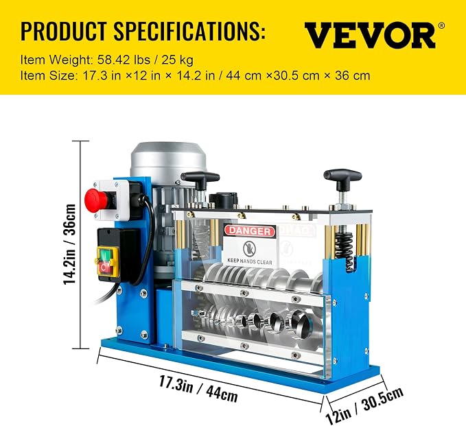 VEVOR Electric Wire Stripping Machine, 370W 0.06" - 1.5" Automatic Motorized Cable Stripper w/ 75 Feet/Minute Speed, 11 Channels 10 Blades Strip Machinery, Scrap Handling Tool for Recycling Copper