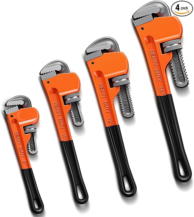 4 Piece Heavy Duty Pipe Wrench Set - 8", 10", 12", 14", Adjustable Chrome Vanadium Steel Plumbing Wrench Set with Soft Handle & Gloves for Plumbers, Pipeline, Auto Repair