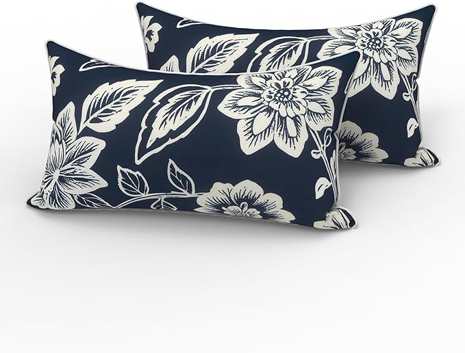 LVTXIII 2 Pack Outdoor Lumbar Pillows 12x20 Inch with White Piping, Fade Resistant Support Throw Pillows with Inserts for Patio Furniture, Sofa, Chair, Elegant Vines Navy
