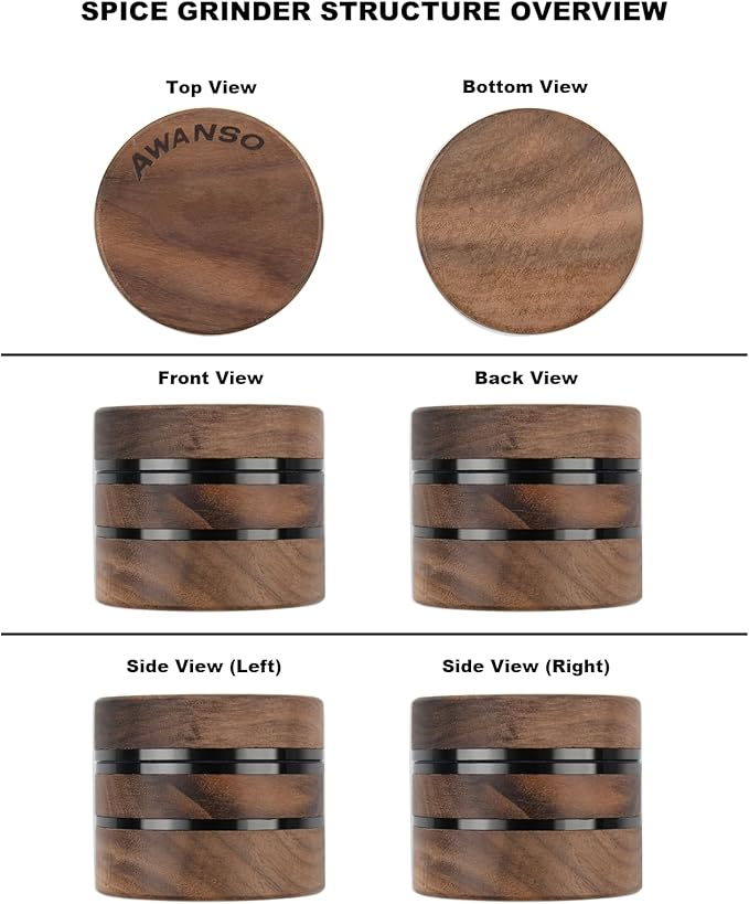 3-Piece Grinder, 2.5" Walnut Wood & Aluminum Grinder for Kitchen Spices with Large Bottom Chamber