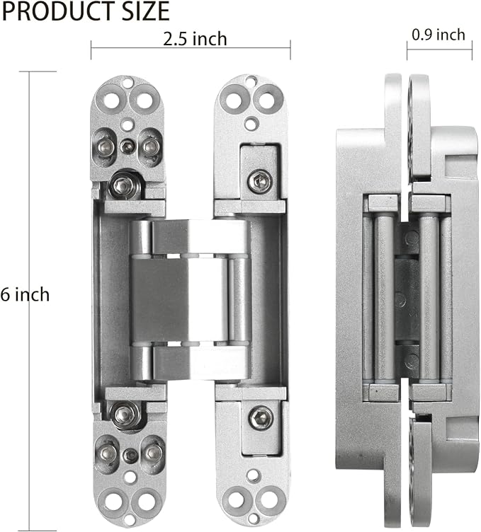 4-Pack 6 inch Hidden Door Hinges Heavy Duty Silver, Invisible Concealed Hinges Zinc Alloy 6''x 2.5''x1Inch, 180 Degree Swing Hinge, 3 Way Adjustable Hinge with Pins and Screws