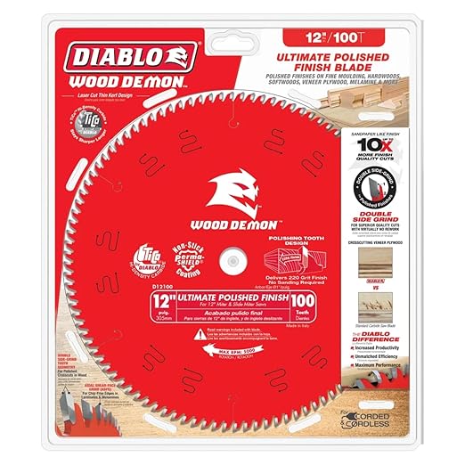 Diablo Ultimate Polished Finish Saw Blade for Wood - 12" Diameter, 100 ASFG Teeth, 1" Arbor, .098" Kerf, 7° Hook Angle, .071" Plate, 5000 Max RPM - D12100X