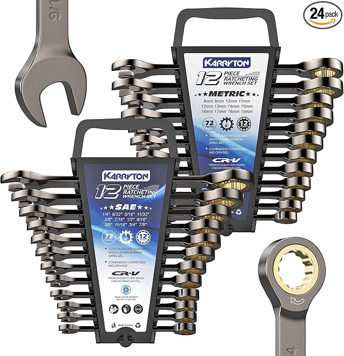 24-Piece Ratcheting Wrench Set (Metric & SAE),72 Teeth Ratchet Combination Wrenches Set with Organizer Racks,Cr-V Steel,8-19mm & 1/4-7/8",Black Nickel Handle with Golden Ratchet