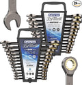 24-Piece Ratcheting Wrench Set (Metric & SAE),72 Teeth Ratchet Combination Wrenches Set with Organizer Racks,Cr-V Steel,8-19mm & 1/4-7/8",Black Nickel Handle with Golden Ratchet