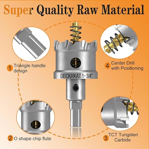 2-Pack 1-3/4" TCT Hole Saws for Hard Metal, Heavy Duty 45mm Tungsten Carbide Tipped Hole Cutters Set with Spring-Loaded Pilot Drill Bits for Stainless Steel, Metal, Iron, and Plastic