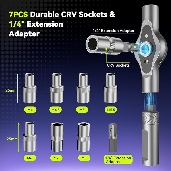 25 in 1 Magnetic Ratchet Screwdriver Set, S2 Steel Bits & 7 CR-V Sockets | Magnetic Steel Bits & Flexible Shaft Suitable for Precision Electronics, Furniture iPhone Furniture Bicycle Tools
