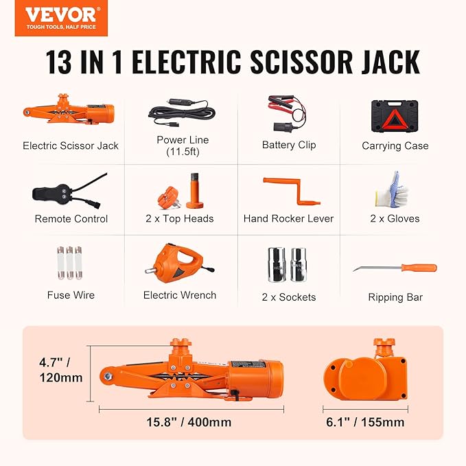 VEVOR Electric Car Jack, 3 Tons /6600 lbs 12V Electric Scissor Jack with Electric Impact Wrench, Double Saddles with Remote Control, Portable Car Jack for Sedan, SUV, Truck Tire Change Replacement