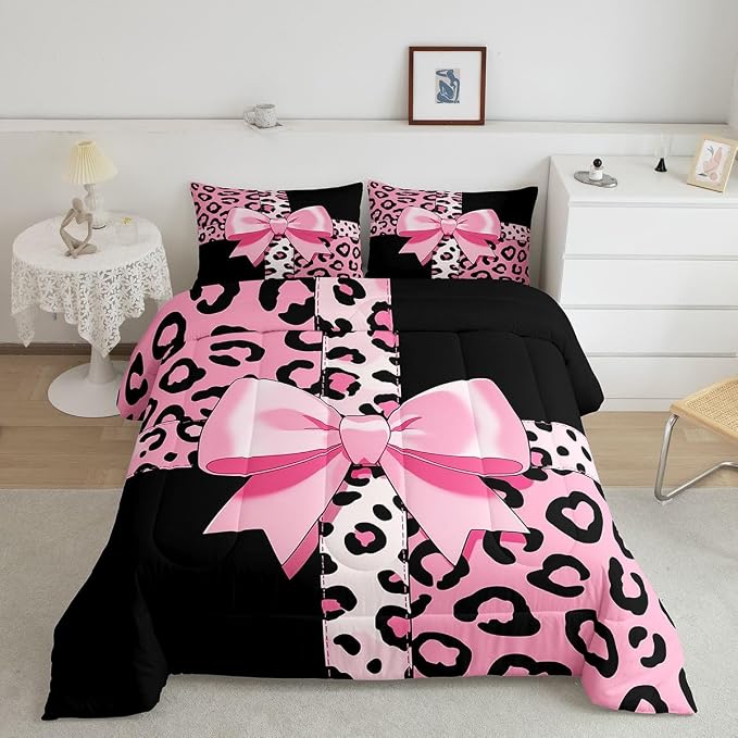 Feelyou Leopard Print Comforter Set All Season Cute Cheetah Bow Bedding Set with 2 Pillow Cases Animal Fur Microfiber Kids Queen Bedclothes Bedroom Decor Duvet Quilt Breathable Soft Lightweight