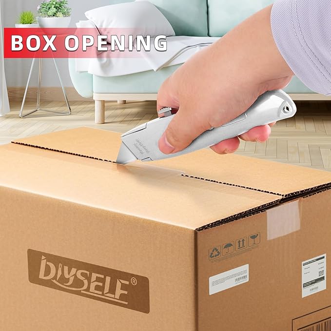 DIYSELF 30 Pack Box Cutter Heavy Duty Aluminium Shell Utility Knife | SK5 Steel Sharp Blade | Retractable Knife for Cutting Cartons Ropes and Cardboard | Home and Office Use, PVC Pipe Cutter(Silver)