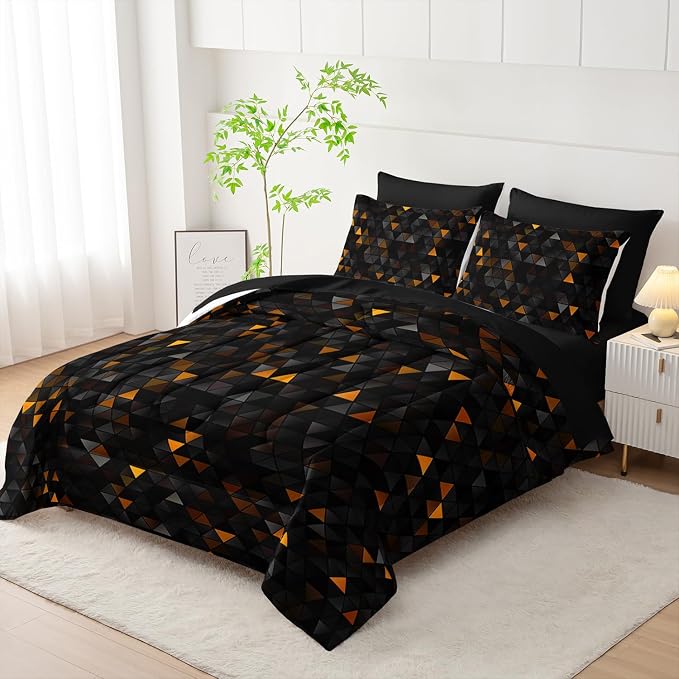 Nttopship Geometric Yellow Black Triangle Queen Size Comforter Set,Light Honeycomb Bedding Set 7 Piece in A Bag,Bed Sheet Set Geometry Decor,Microfiber Lightweight All Season
