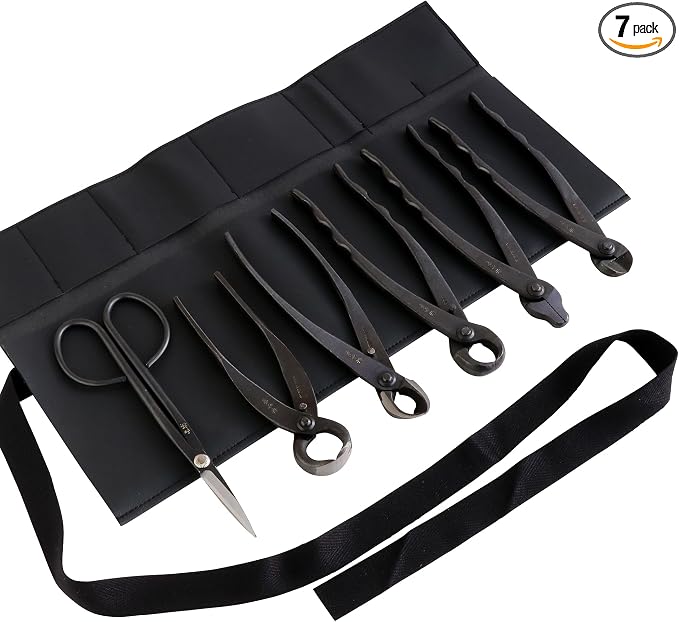 Wazakura Made in Japan 6PCS Bonsai Professional Tool Kit with Roll Bag: Yasugi Steel Twig Scissor, Concave Branch Cutter, Knob Cutter, Jin Plier, Wire Cutter, Root Cutter. Bonsai Tool Set with Case