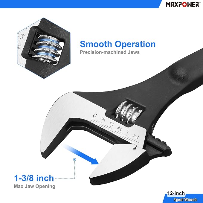 MAXPOWER 12 16-inch Spud Wrench, Continuous Tapered Handle for Alignment | Alignment Holes for Construction and Ironworking, 16 inch Adjustable Wrench with Reversible Jaw, Hammer Head