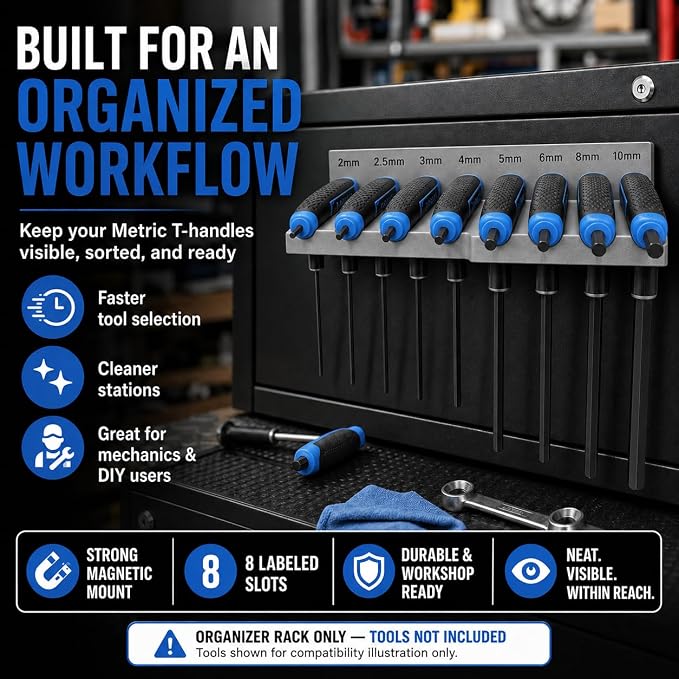 Magnetic T-Handle Hex Key Organizer Rack – Tool Holder for Harbor Freight ICON Style T Handle Wrenches – sae/metric/torx Storage Options (metric)