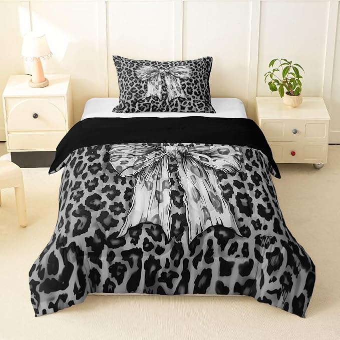 Feelyou Leopard Print Bedding Set Soft for Boys Girls, Black Cheetah Comforter Set Toddler Size Cute Bowknot Duvet Quilt Microfiber Bedroom Decor 2 Pcs with 1 Pillow Cases