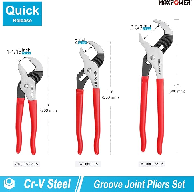 MAXPOWER 8" 10" 12" Groove Joint Pliers, Jaw Opening 1-1/16", 2", 2-3/8" | 3-Piece Tongue & Groove Pliers Set, Fast Adjustment, Non-Slip Grip, Ideal for Plumbing, Automotive, and DIY