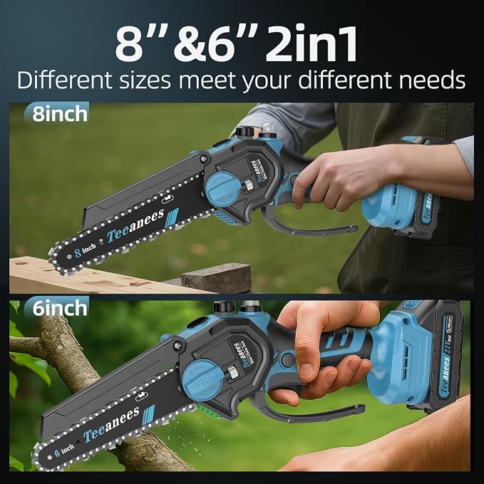 Mini Chainsaw Cordless with 2 Batteries & 8 Chains, Dual Guide Bars (8" & 6"), 1000W Electric Battery Powered Chain Saw for Tree Trimming, Wood Cutting, Garden Gift (Blue)