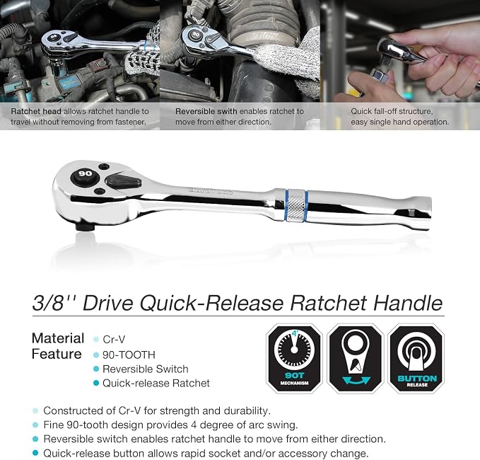 DURATECH 3/8-Inch Drive Ratchet, 90-Tooth Quick-Release Ratchet Wrench | Reversible, Cr-V Made, 4° Swing, Full Polished, Professional Socket Wrench for Men Women Stocking Stuffers for Men Women