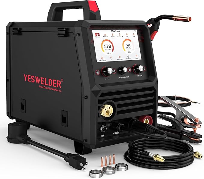 YESWELDER Firstess SP200 MIG Welder, 7-Inch LCD Screen 6-In-1 MIG/Pulsed MIG/Flux Core/Lift TIG/Stick/Spool Gun Compatible, 110V/220V Dual Voltage 200Amp Multifunctional Aluminum Welding Machine