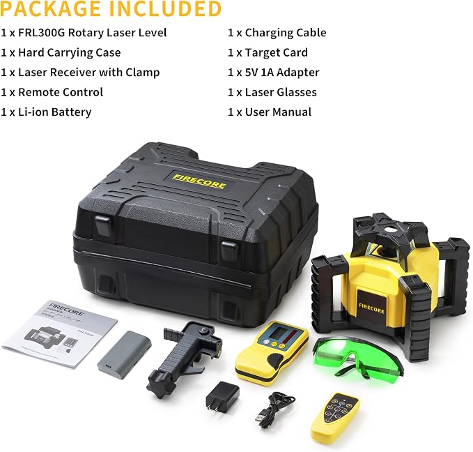 Firecore Self-Leveling Rotary Laser Level Kit, Horizontal/Vertical with Plumb Spot, 1969-Foot Range, Green Beam 360 Degree Construction Laser, Rechargeable Battery and Remote Control Included -FRL300G