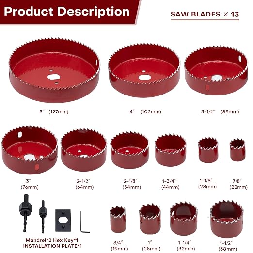 17-Piece Hole Saw Kit, Includes 13 Sizes (3/4" to 5"), Arbors, Drill Bits, and Hex Key, Ideal for Softwood, Plywood, and PVC(RED)