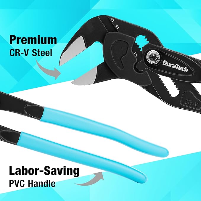 DURATECH 7-Inch Pliers Wrench, CR-V Steel Adjustable Wrench with Metric & SAE Scale, Black Finish Parallel Pliers with Storage Pouch, for Home Repair & Nut Tightening
