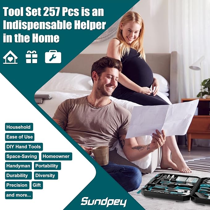 Sundpey 257 Pcs Portable General Basic Hand Tool Kit Set for Home with Case