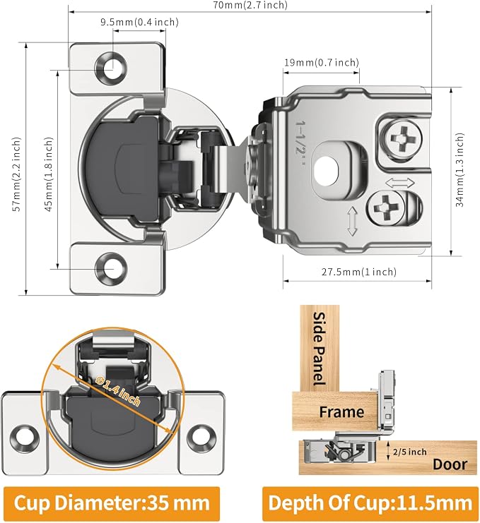 Chibery 6 Pack 1-1/2" Overlay 3D Soft Close Concealed Hinge for Face Frame Door, Smooth Slow Self Closing Hinges, Satin Nickel, Hidden 105° Open Angle Stainless Steel Hinge for Kitchen Cabinet Door