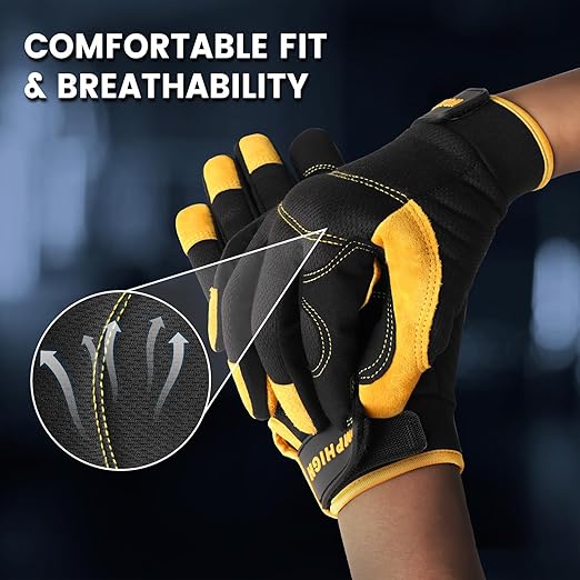 Safety Work Gloves, Men's Utility Mechanic Working Gloves for All Purpose, Touchscreen Compatible, Flexible Breathable Fit, Knuckles & Palm (M)
