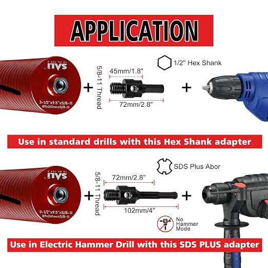 SALI Diamond Core Drill Bits 2 3/4" Diameter 10"/254mm Drilling Depth 5/8-11" Thread Core Bit Turbo Laser-Welded Segments for Cured Concrete with Brick Block Masonry with Two Adapters（Red）
