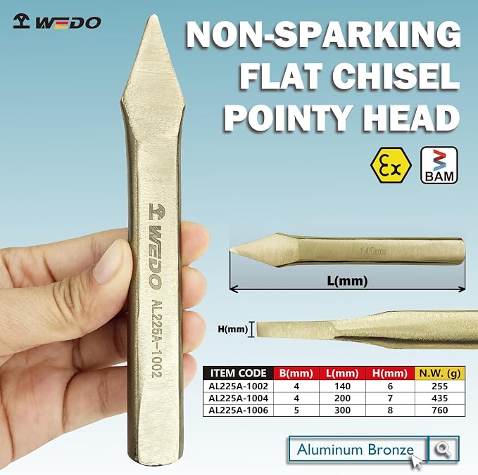 WEDO Non-sparking Cross Cutting Chisel, Aluminum Bronze, DIN Standard, BAM & FM Certificate, 5x8x300mm.