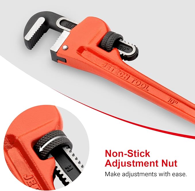 Jetech 10-inch Heavy Duty Straight Pipe Wrench, Adjustable Aluminum Plumber with Floating Hook Jaw and I-Beam Handle, Red