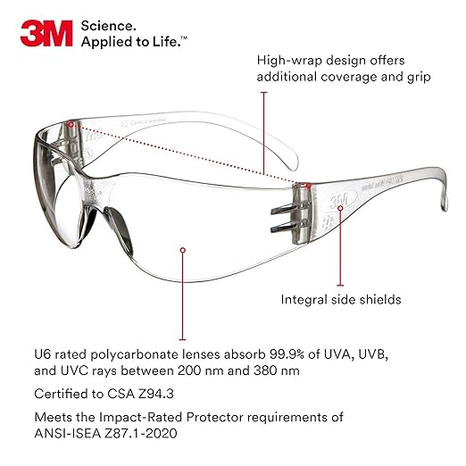3M Safety Glasses, Virtua, 20 Pair, ANSI Z87, Unisex, Anti-Fog, Scratch Resistant, Clear Lens, Clear Frame, Affordable Eye Protection, Lightweight, Wraparound Coverage