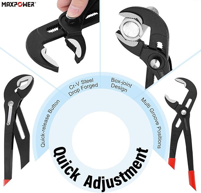 MAXPOWER 3-Piece Water Pump Pliers Set – 7" 10" 16" Tongue and Groove Pliers with Push Button Quick Adjustment | Plumbing Tool for Homeowner Plumber HVAC Mechanic | Includes Carrying Bag