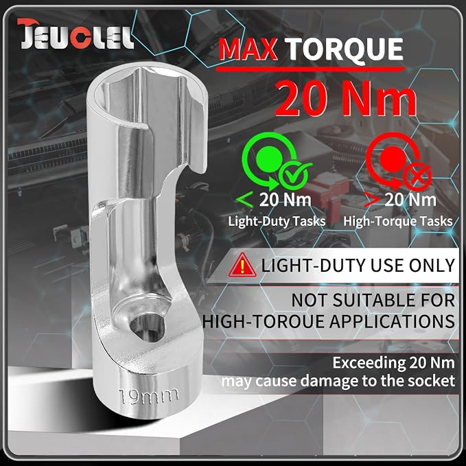 19mm 3/8" Drive Diesel Injector Fuel Line Socket, Flare Nut Wrench | Fastener Bent Pipes, Wired Temperature Sensors, EGT Sensor, Thermo Switches, ABS Tubes, Strut Nut Extractor