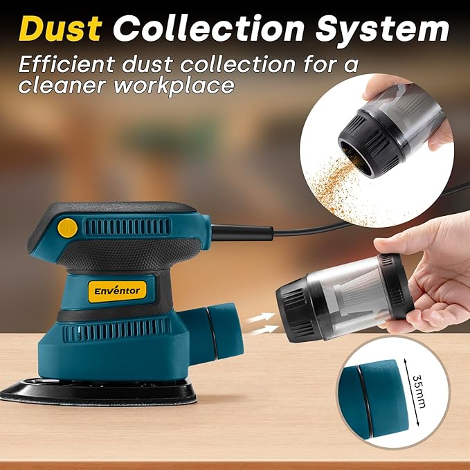 Enventor Detail Sander, 1.7A 210W Compact Electric Sander 15,000 RPM with 16Pcs Sandpapers, Dust box, Soft Grip Handle Tight Spaces Sanding, Polishing