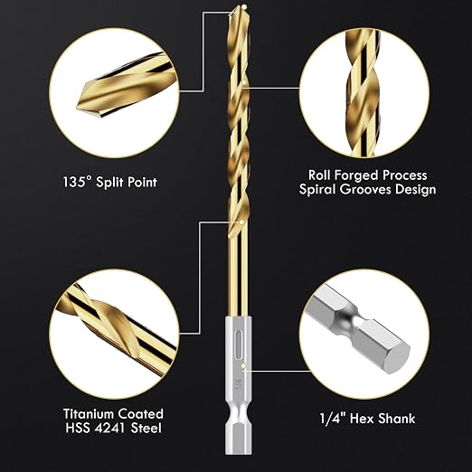 Hex Shank Drill Bit Set, 13Pcs HSS Titanium Twist Drill Bit for Sheet Metal, Wood, Plastic, Quick Change Design (1/16" - 1/4")