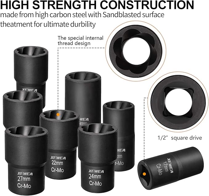 XEWEA 9PCS Lug Nut Extractor Set, 1/2" Drive Impact Bolt Nut Socket Remover | Impact Wheel Lock Removal Kit, Easy Out Extractor Set for Damaged, Frozen, Rusted, Rounded-Off Bolts Nuts,CR-Mo