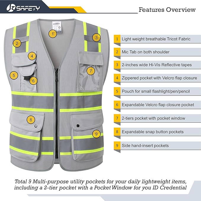 JKSafety 9 Pockets Hi-Vis Fluorescent Color Zipper Front Safety Vest with Neon Color Extended Yellow Trims for Men and Women Work Safety Utility (901-Grey 5XL)