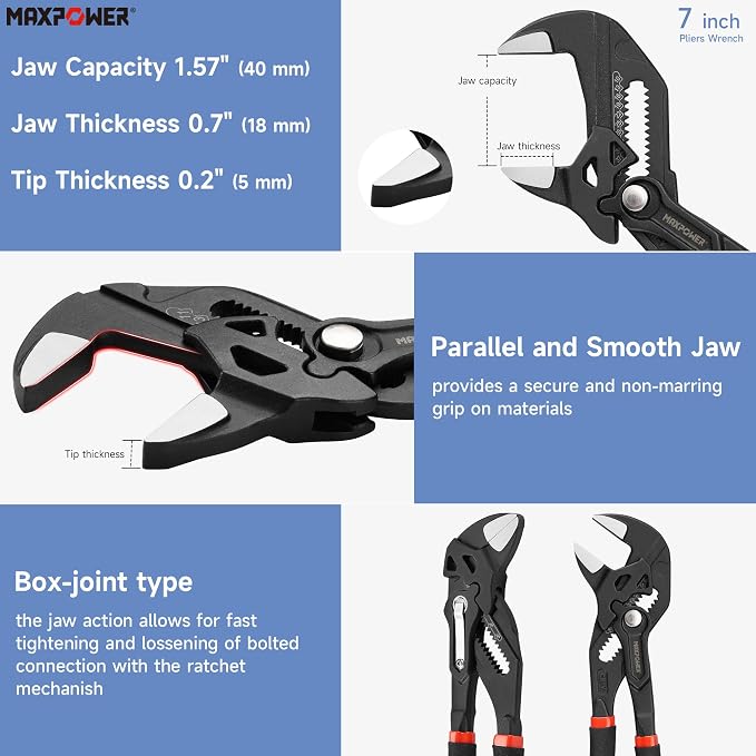 MAXPOWER 7 inch Mini Pliers Wrench, 1.57 inch Jaw Opening, Smooth Jaws